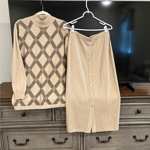 Beige Argyle Sweater and Button-Down Skirt Set